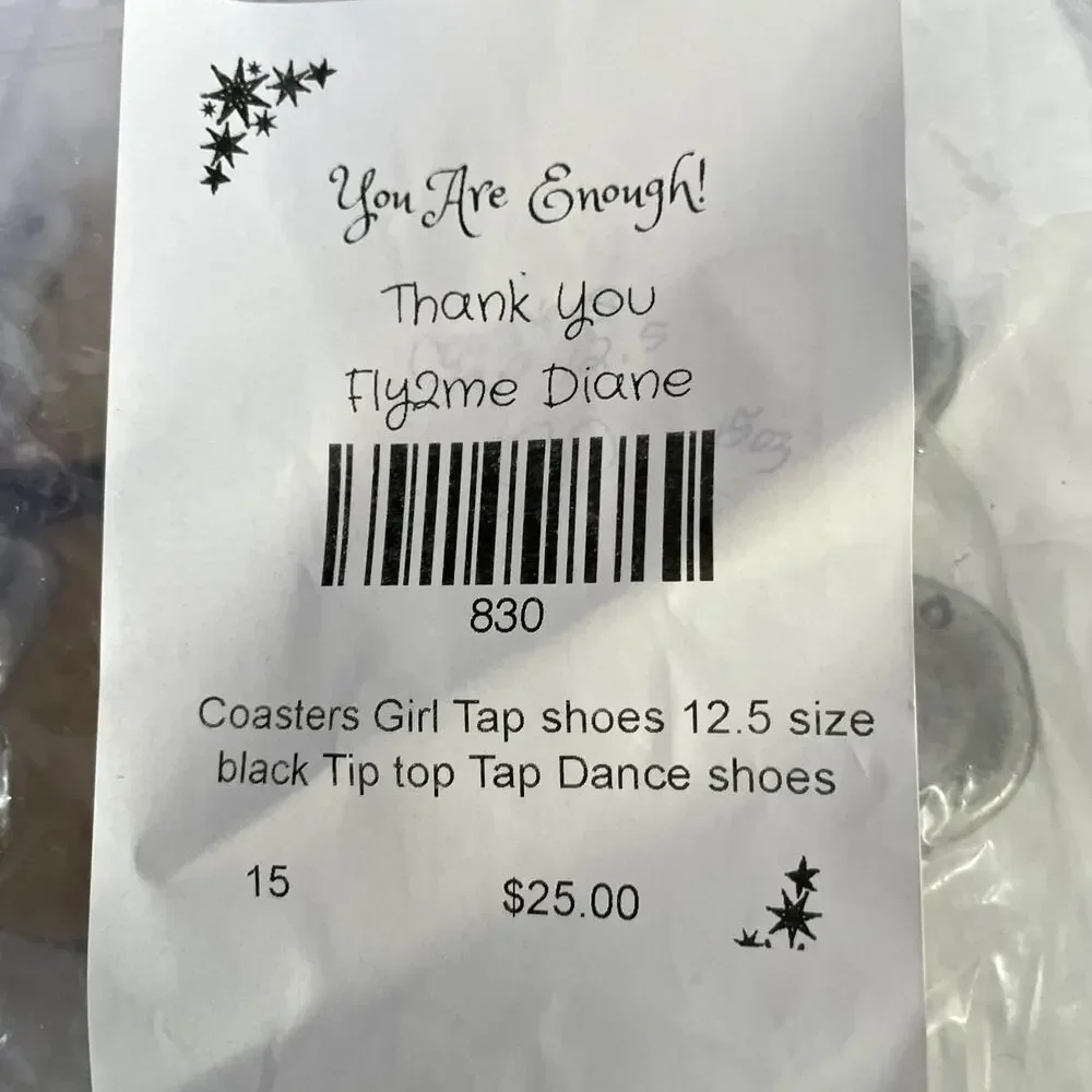 Coasters Girls Black Tap Shoes Size 12.5 Tip Top Tap Dance Pink Purple Ribbons